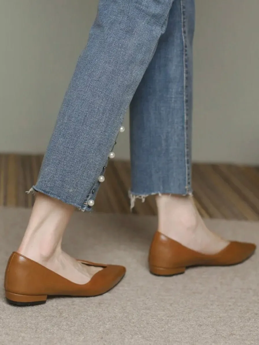 Brown caramel slip on pointed flats shoes