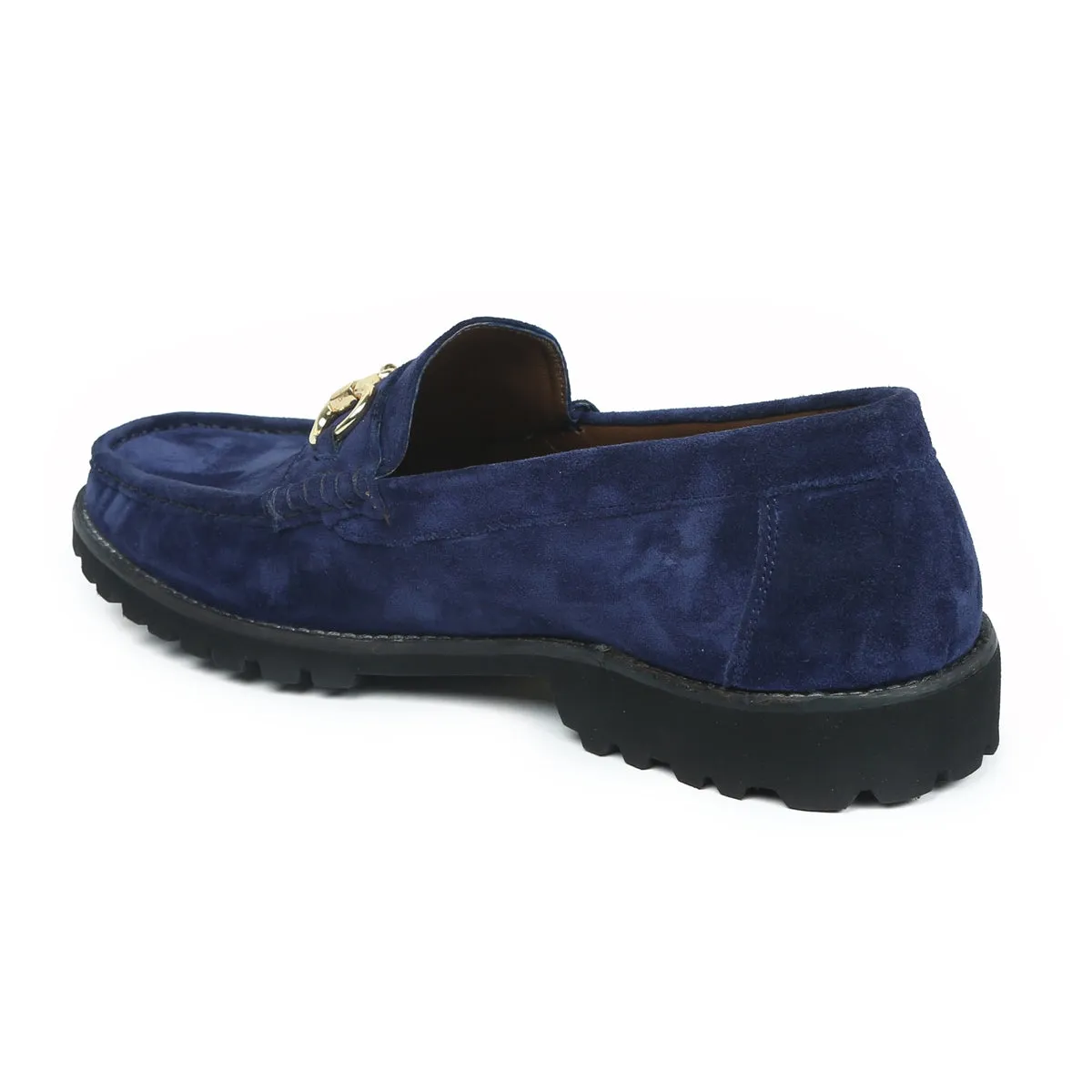 Chunky Sole Blue Loafers in Suede Leather With Horse-bit Buckle