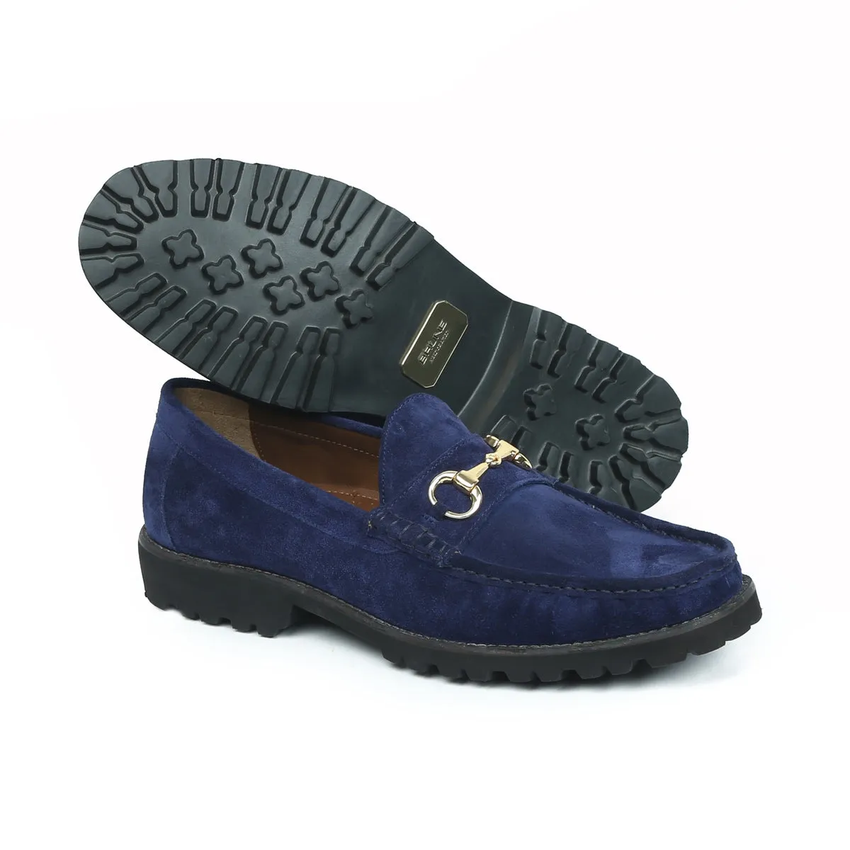 Chunky Sole Blue Loafers in Suede Leather With Horse-bit Buckle