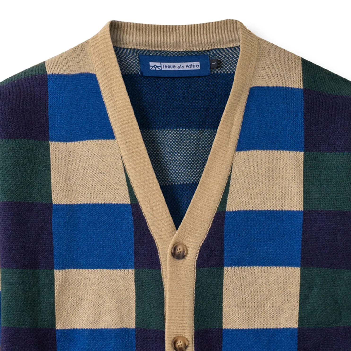 Cozy Knit Cardigan - Green Blue Checked
