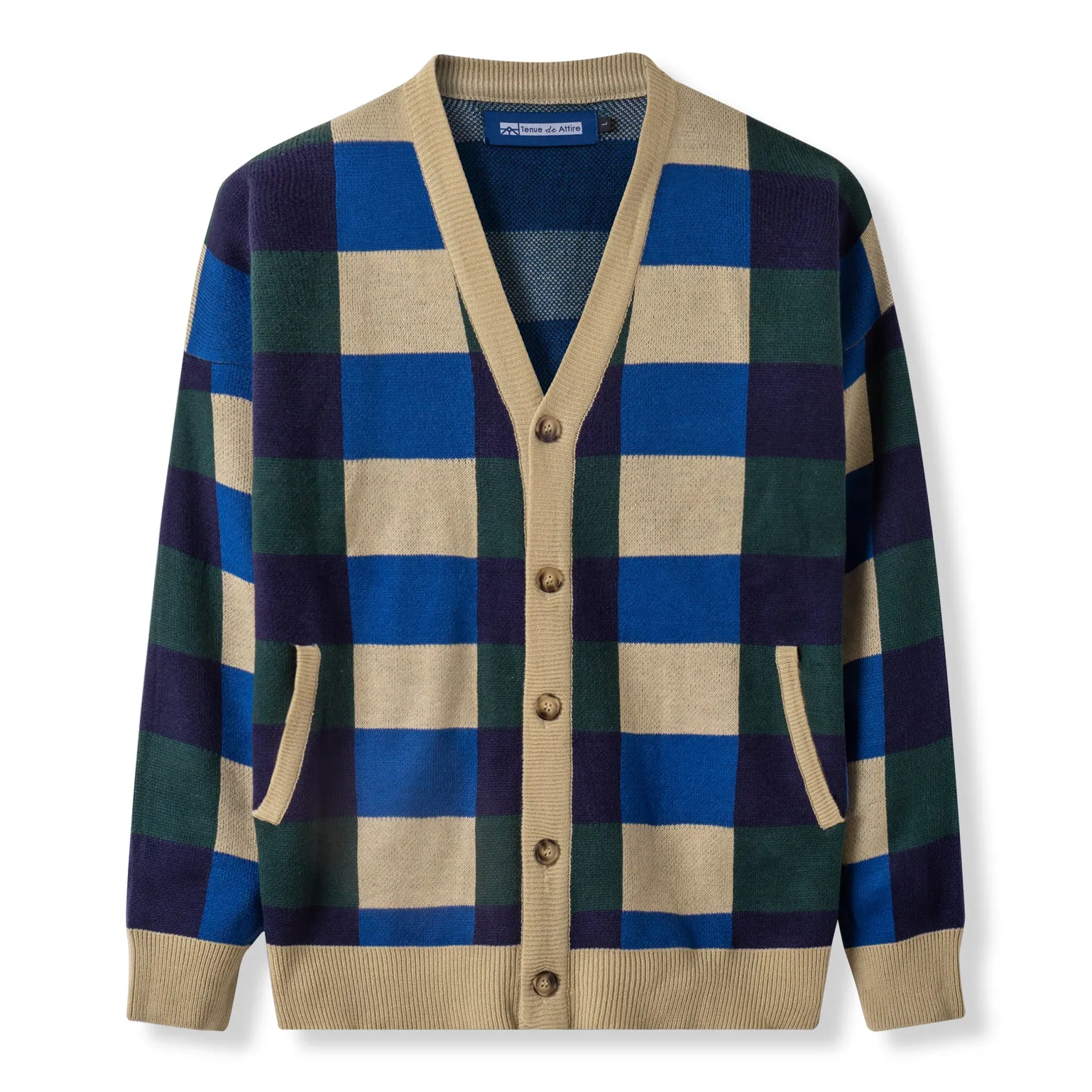 Cozy Knit Cardigan - Green Blue Checked
