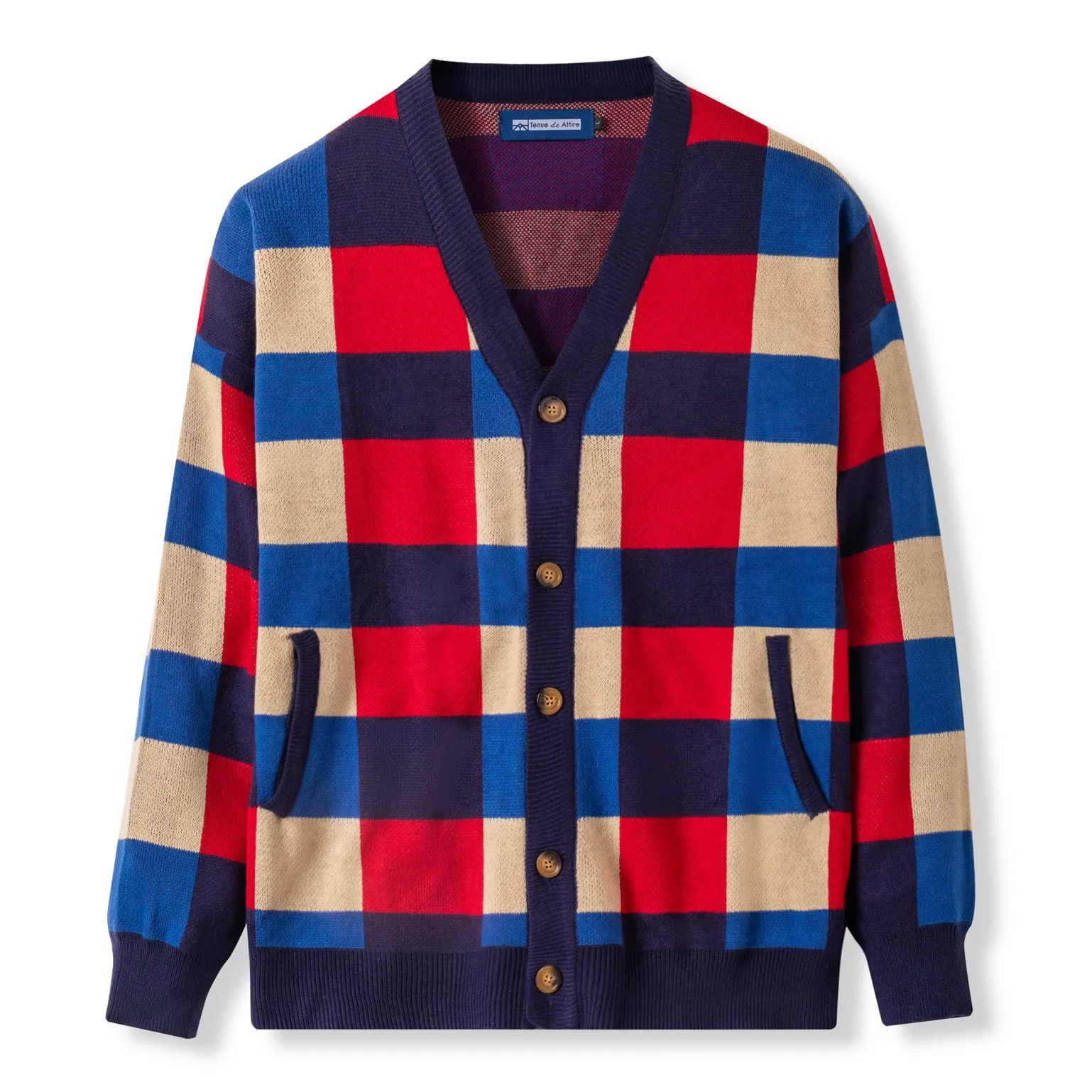 Cozy Knit Cardigan - Red Blue Checked