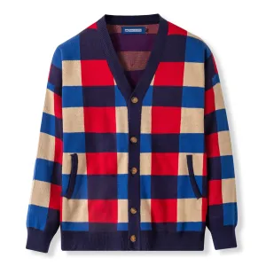 Cozy Knit Cardigan - Red Blue Checked