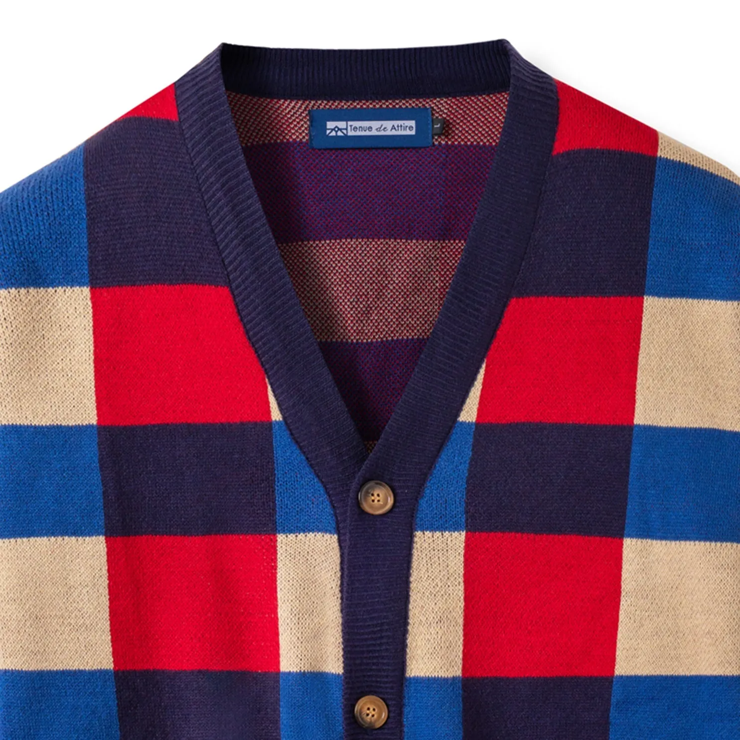 Cozy Knit Cardigan - Red Blue Checked