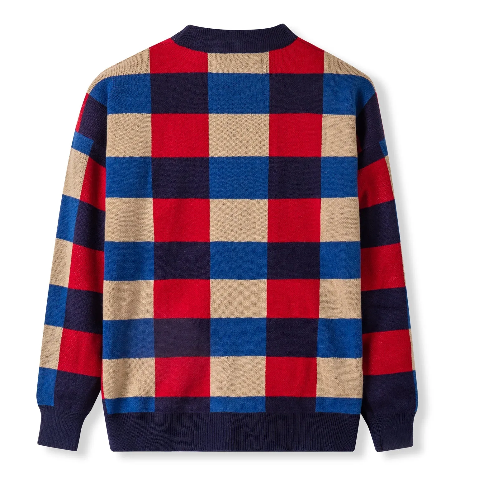 Cozy Knit Cardigan - Red Blue Checked