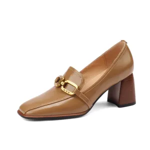 Italia Khaki Square Toe Heeled Loafers