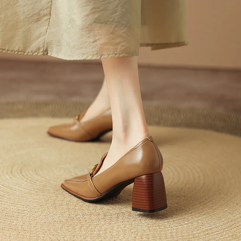 Italia Khaki Square Toe Heeled Loafers