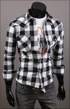 Mens Black Long Sleeve Button Down Plaid Shirt
