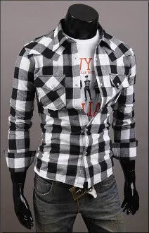 Mens Black Long Sleeve Button Down Plaid Shirt