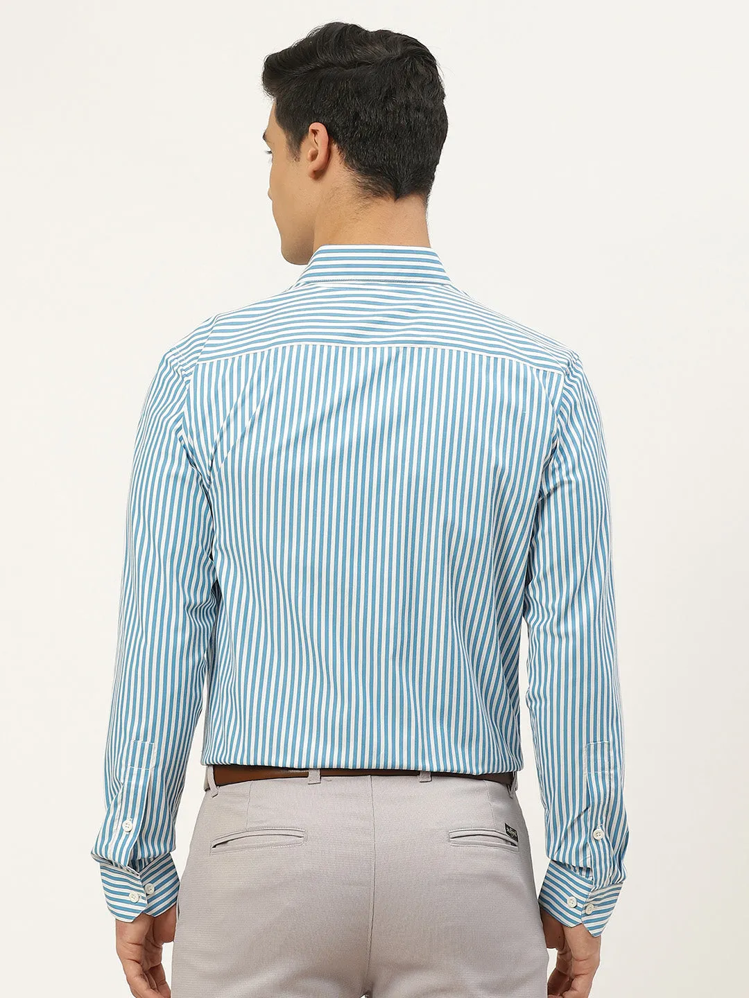 Men's Cotton Teal Blue & White Striped Formal Shirt - Sojanya