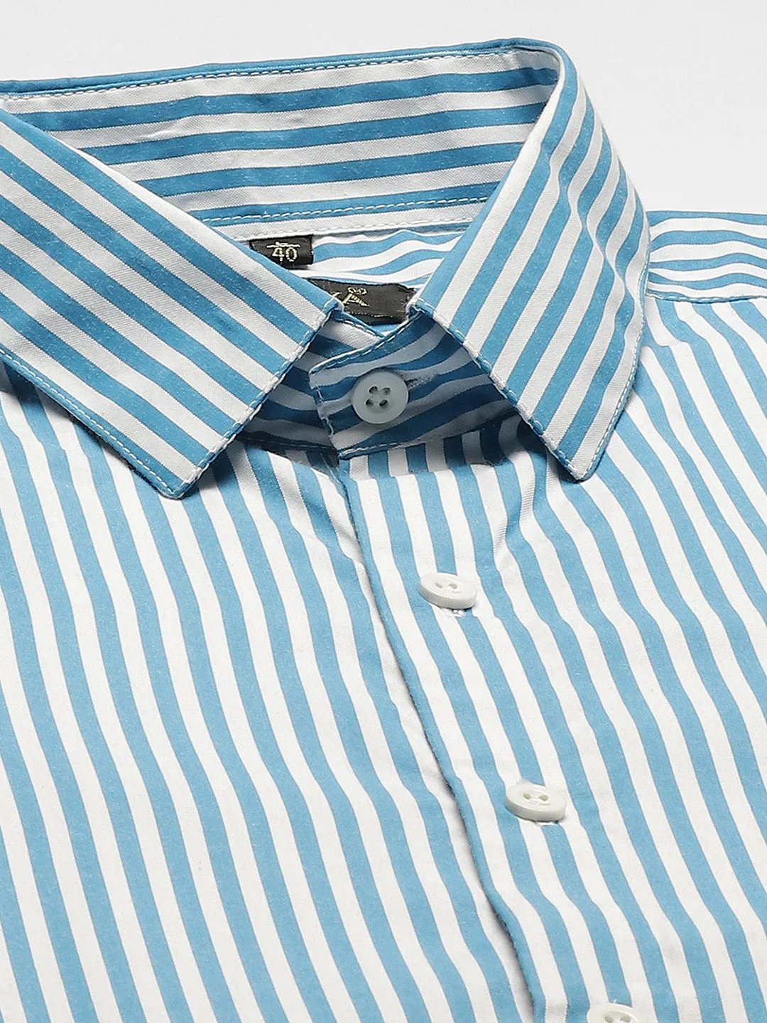 Men's Cotton Teal Blue & White Striped Formal Shirt - Sojanya