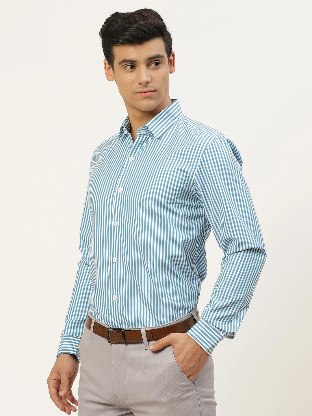 Men's Cotton Teal Blue & White Striped Formal Shirt - Sojanya
