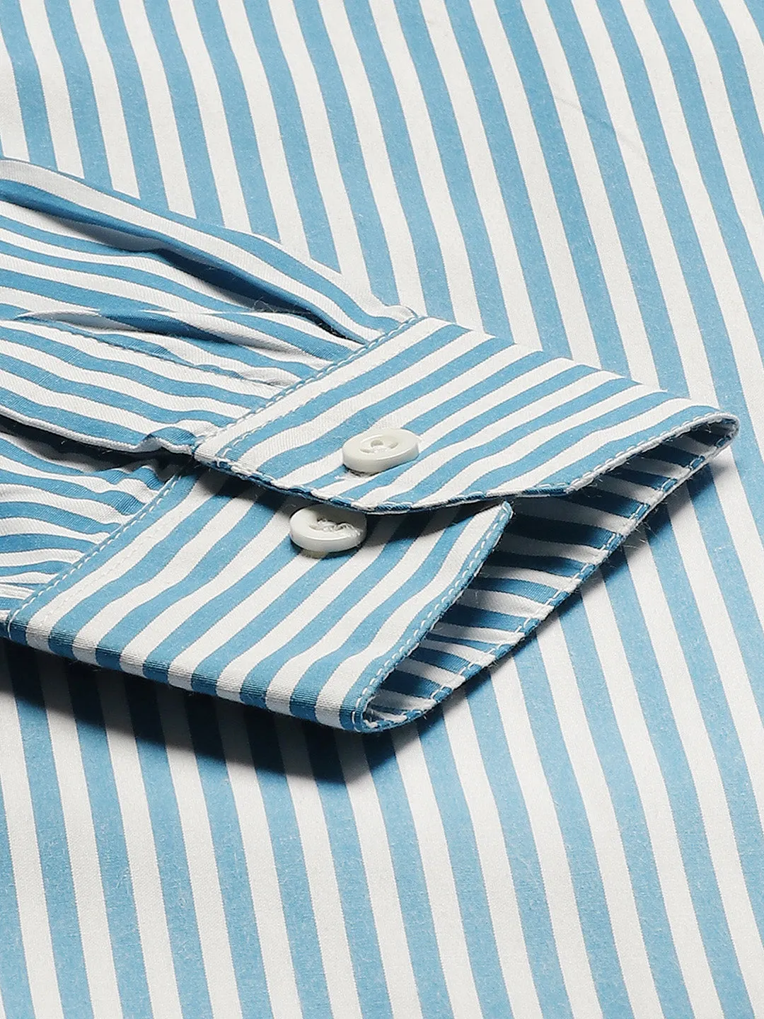 Men's Cotton Teal Blue & White Striped Formal Shirt - Sojanya