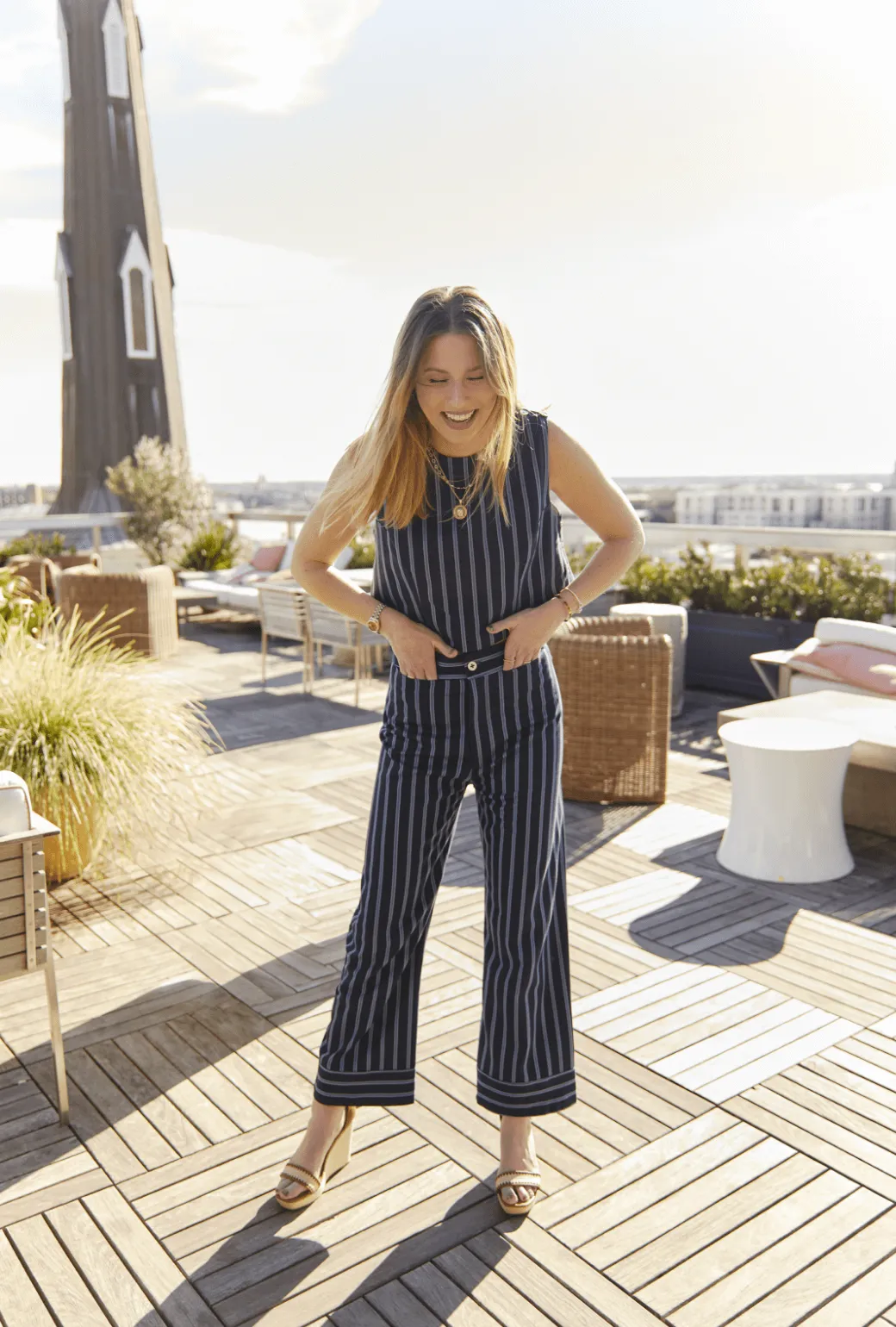 SAMPLE - Buru x Jaimie Dewberry Flat Front Trousers - Blue Stripe