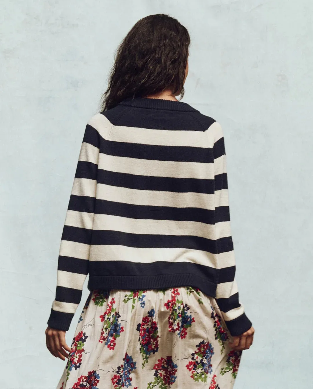THE GREAT - Navy Range Stripe Varsity Cardigan