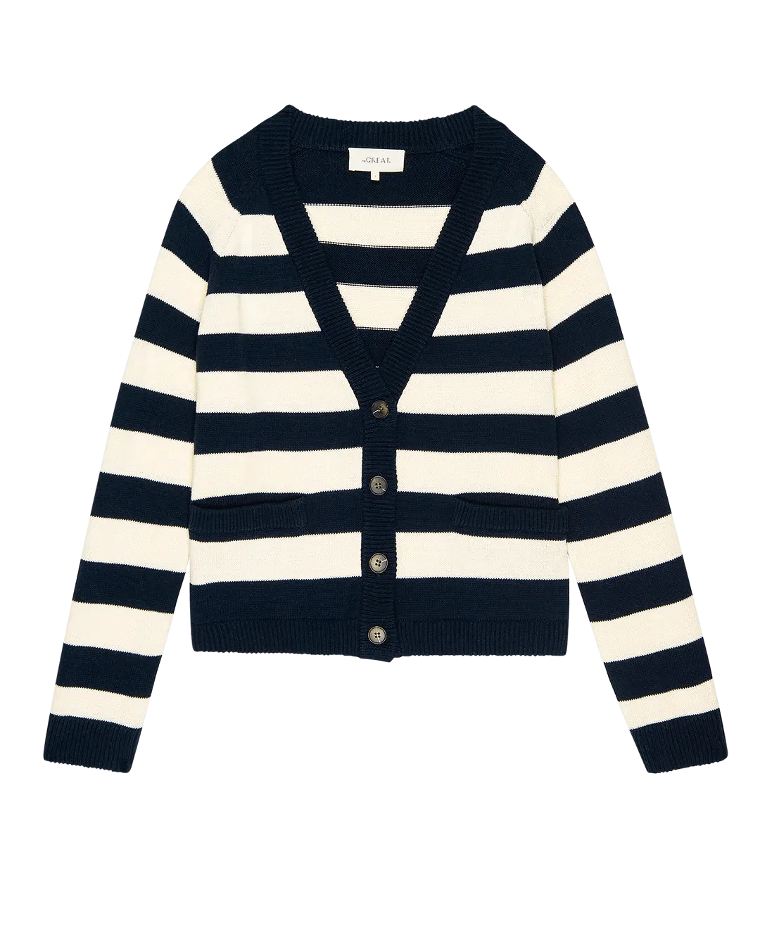 THE GREAT - Navy Range Stripe Varsity Cardigan