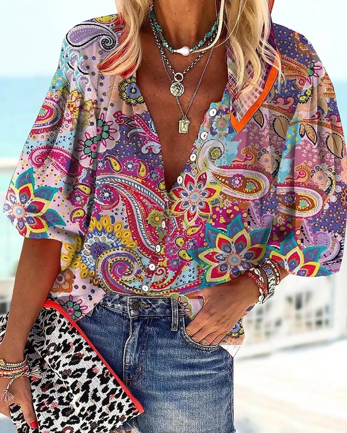 Women's Boho Lace Long-Sleeve Tunic Top