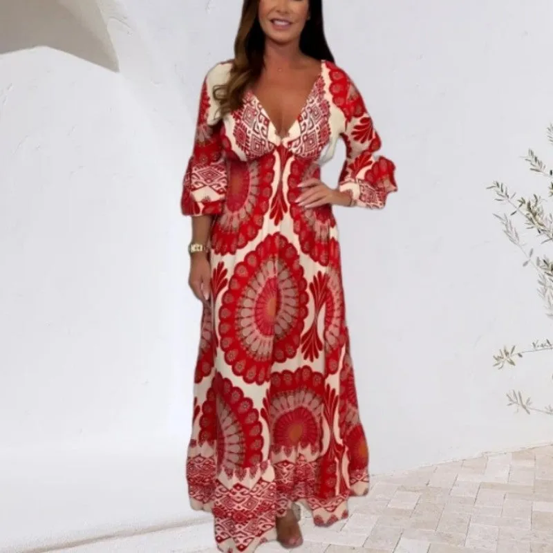 Women's Retro Boho Deep V-Neck Maxi Dress